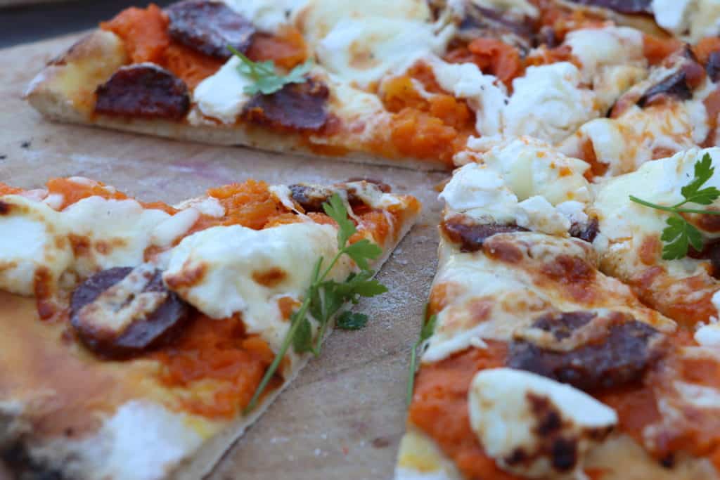 slices of butternut, goat cheese & chorizo pizza